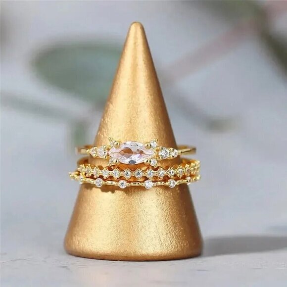 NWT Dainty Ring Set of 3PCs 14K Gold Plated Cubic Zirconia Sz.7 Fairy - Picture 2 of 11